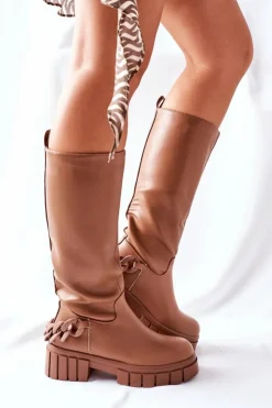 Boto Kozaki Ocieplane|Kozaki Płaskie*Wysokie Brązowe Kozaki z Łańcuchem Teardown Brązowy