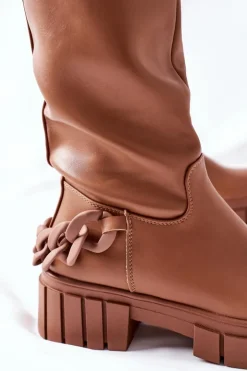 Boto Kozaki Ocieplane|Kozaki Płaskie*Wysokie Brązowe Kozaki z Łańcuchem Teardown Brązowy