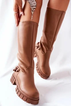 Boto Kozaki Ocieplane|Kozaki Płaskie*Wysokie Brązowe Kozaki z Łańcuchem Teardown Brązowy