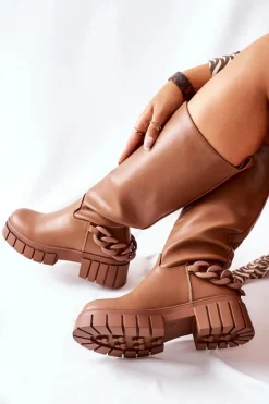 Boto Kozaki Ocieplane|Kozaki Płaskie*Wysokie Brązowe Kozaki z Łańcuchem Teardown Brązowy