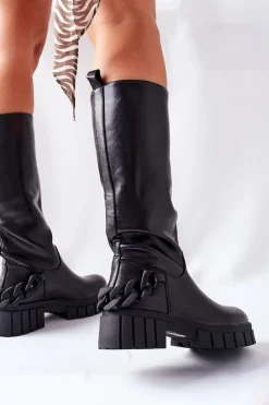 Damskie Boto Wysokie Czarne Kozaki z Łańcuchem Teardown