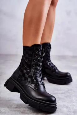 Outlet Boto Wysokie Damskie Botki Wiązane Czarne Verlon