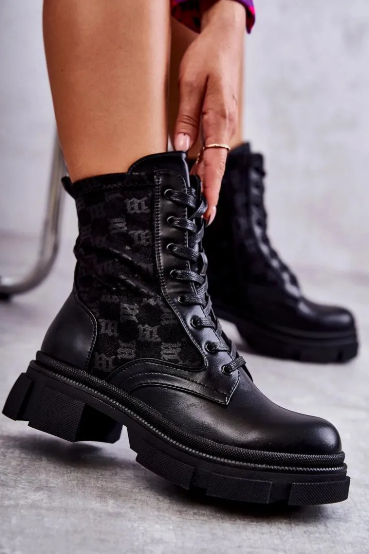 Outlet Boto Wysokie Damskie Botki Wiązane Czarne Verlon