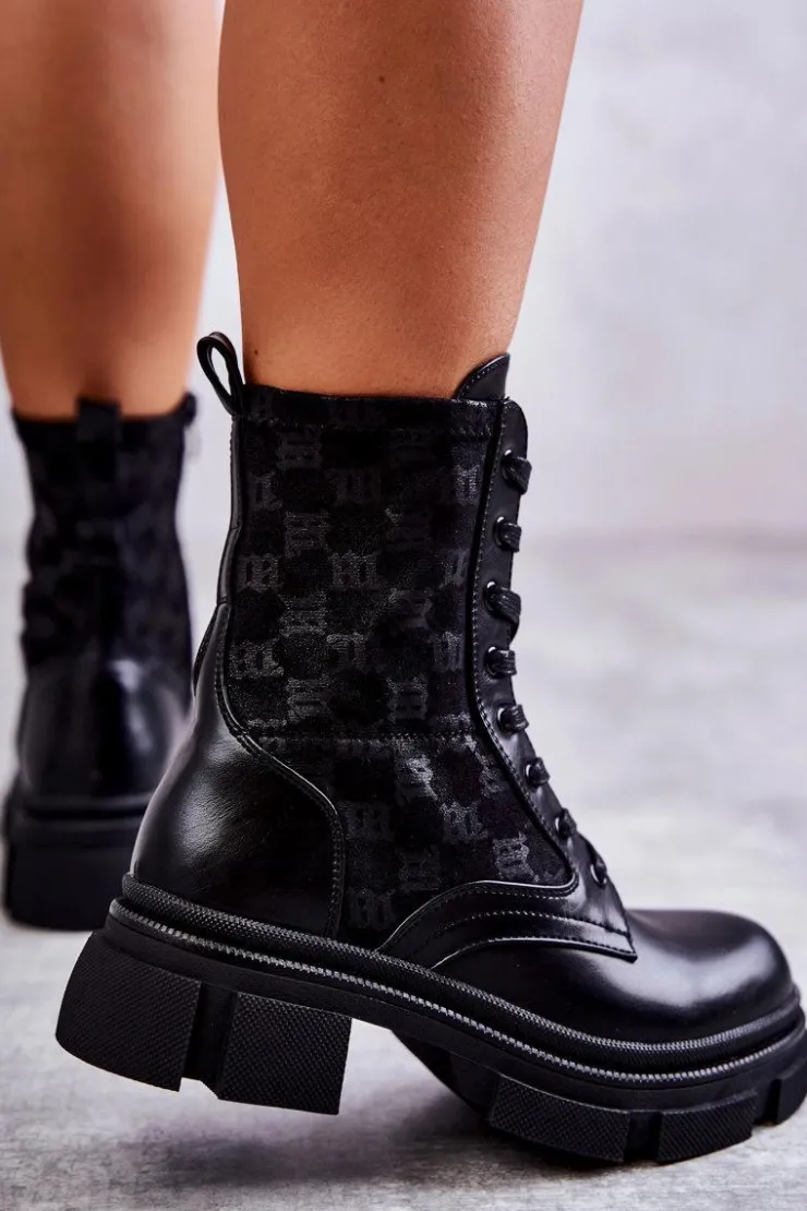 Outlet Boto Wysokie Damskie Botki Wiązane Czarne Verlon