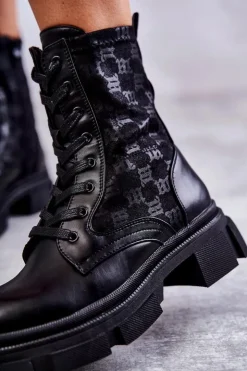 Outlet Boto Wysokie Damskie Botki Wiązane Czarne Verlon