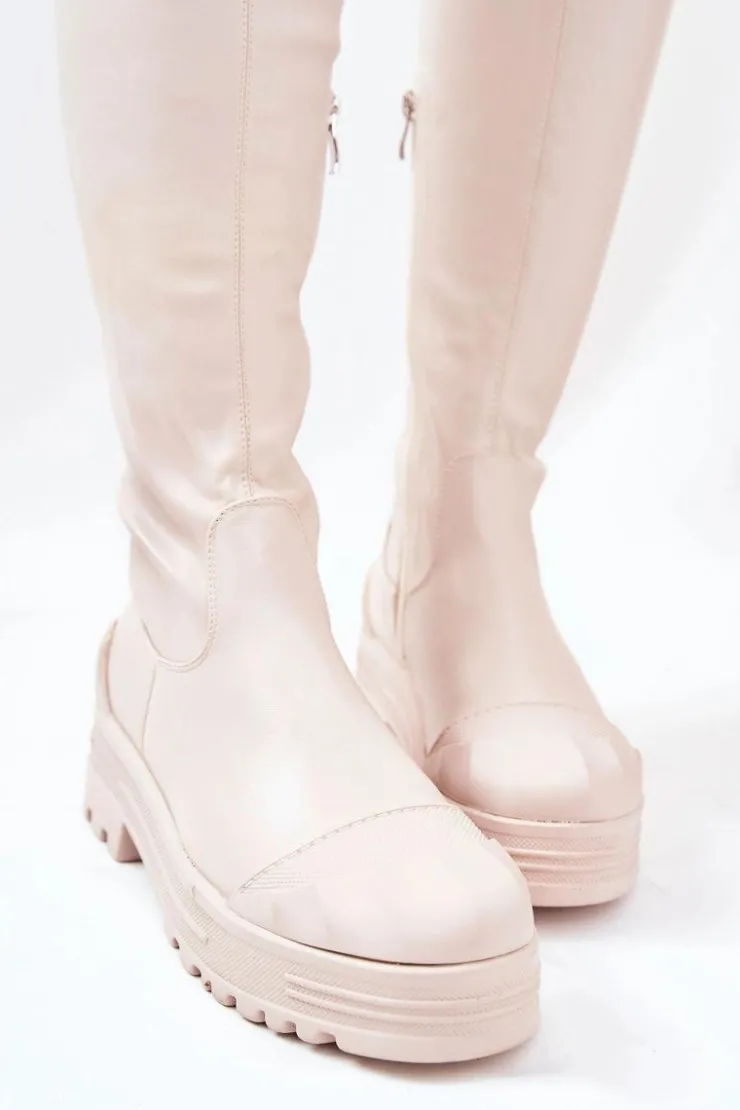 Discount Boto Wysokie Kozaki Na Suwak Beżowe Charmaine