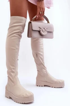 Boto Muszkieterki|Kozaki Za Kolano*Wysokie Kozaki Na Suwak Beżowe Dudesa