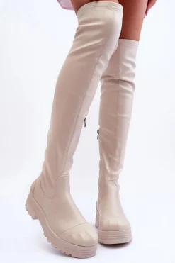 Boto Muszkieterki|Kozaki Za Kolano*Wysokie Kozaki Na Suwak Beżowe Dudesa