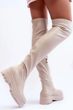 Boto Muszkieterki|Kozaki Za Kolano*Wysokie Kozaki Na Suwak Beżowe Dudesa