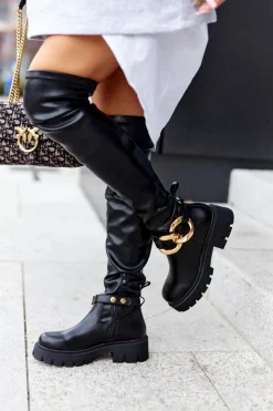 Boto Kozaki Płaskie*Wysokie Kozaki Z Ozdobnym Elementem Czarne Masha