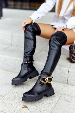 Boto Kozaki Płaskie*Wysokie Kozaki Z Ozdobnym Elementem Czarne Masha