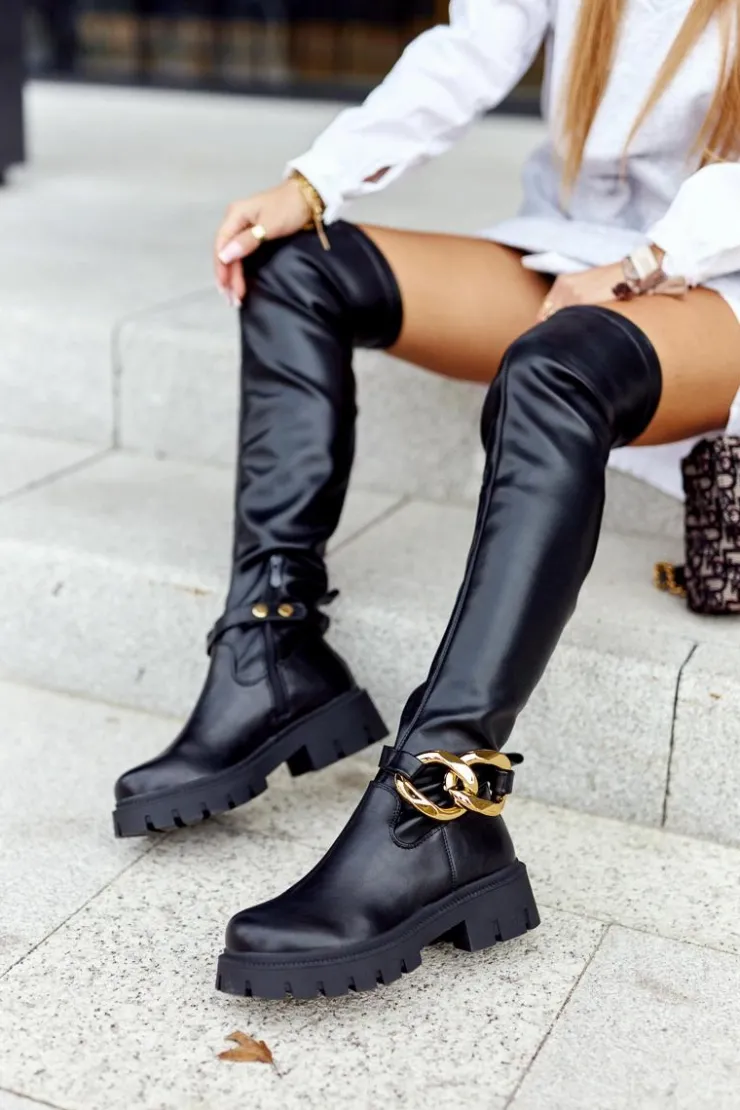 Boto Kozaki Płaskie*Wysokie Kozaki Z Ozdobnym Elementem Czarne Masha