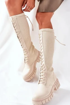 Outlet Boto Wysokie Kozaki ze Skarpetą Beżowe Monteri