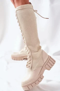 Outlet Boto Wysokie Kozaki ze Skarpetą Beżowe Monteri