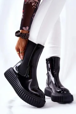 Boto Botki Ocieplane|Czarne Botki*Wysokie Lakierowane Botki Na Platformie Czarne Sereia