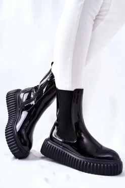 Boto Botki Ocieplane|Czarne Botki*Wysokie Lakierowane Botki Na Platformie Czarne Sereia