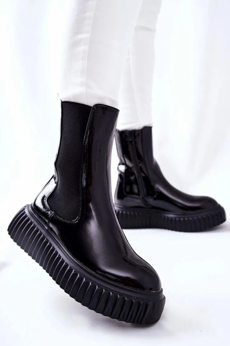 Boto Botki Ocieplane|Czarne Botki*Wysokie Lakierowane Botki Na Platformie Czarne Sereia