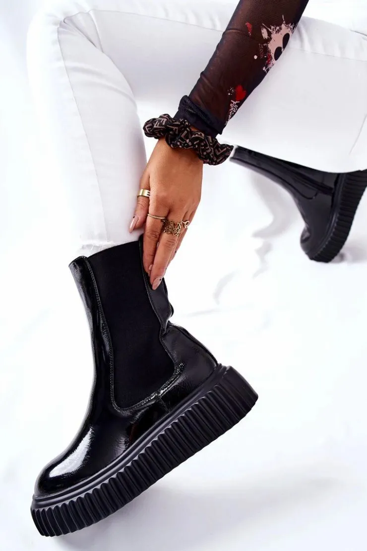 Boto Botki Ocieplane|Czarne Botki*Wysokie Lakierowane Botki Na Platformie Czarne Sereia