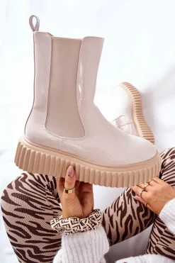 Boto Botki Ocieplane|Czarne Botki*Wysokie Lakierowane Botki Na Platformie Beżowe Sereia Beżowy