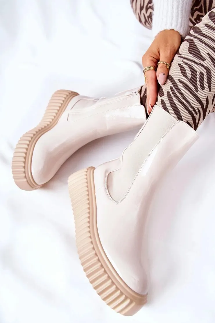 Boto Botki Ocieplane|Czarne Botki*Wysokie Lakierowane Botki Na Platformie Beżowe Sereia Beżowy