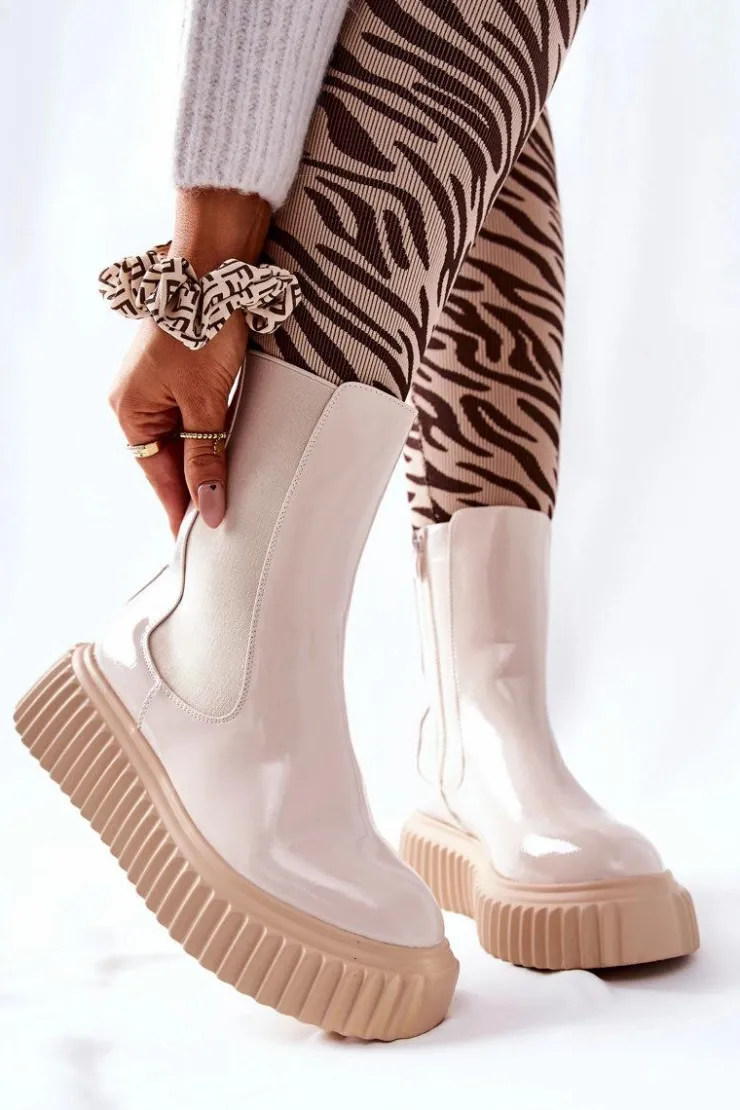 Boto Botki Ocieplane|Czarne Botki*Wysokie Lakierowane Botki Na Platformie Beżowe Sereia Beżowy