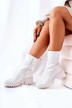 Damskie Boto Wysokie Lakierowane Botki Na Obcasie Białe Merelien
