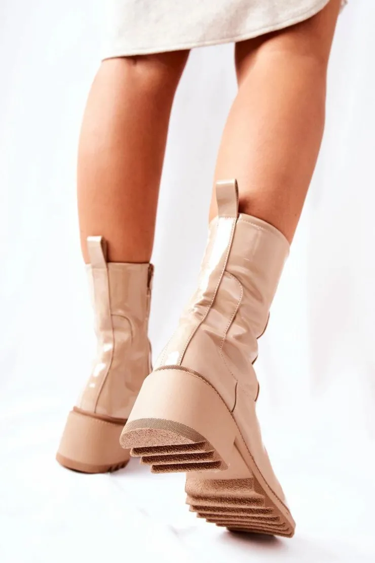 Online Boto Wysokie Lakierowane Botki Na Obcasie Beżowe Merelien