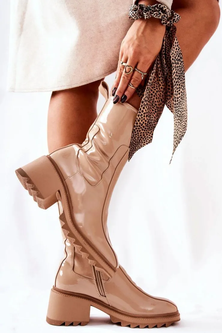 Online Boto Wysokie Lakierowane Botki Na Obcasie Beżowe Merelien