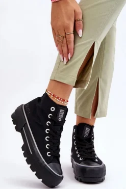 Discount Big Star Shoes Wysokie Materiałowe Trampki Na Platformie Big Star LL274155 Czarne