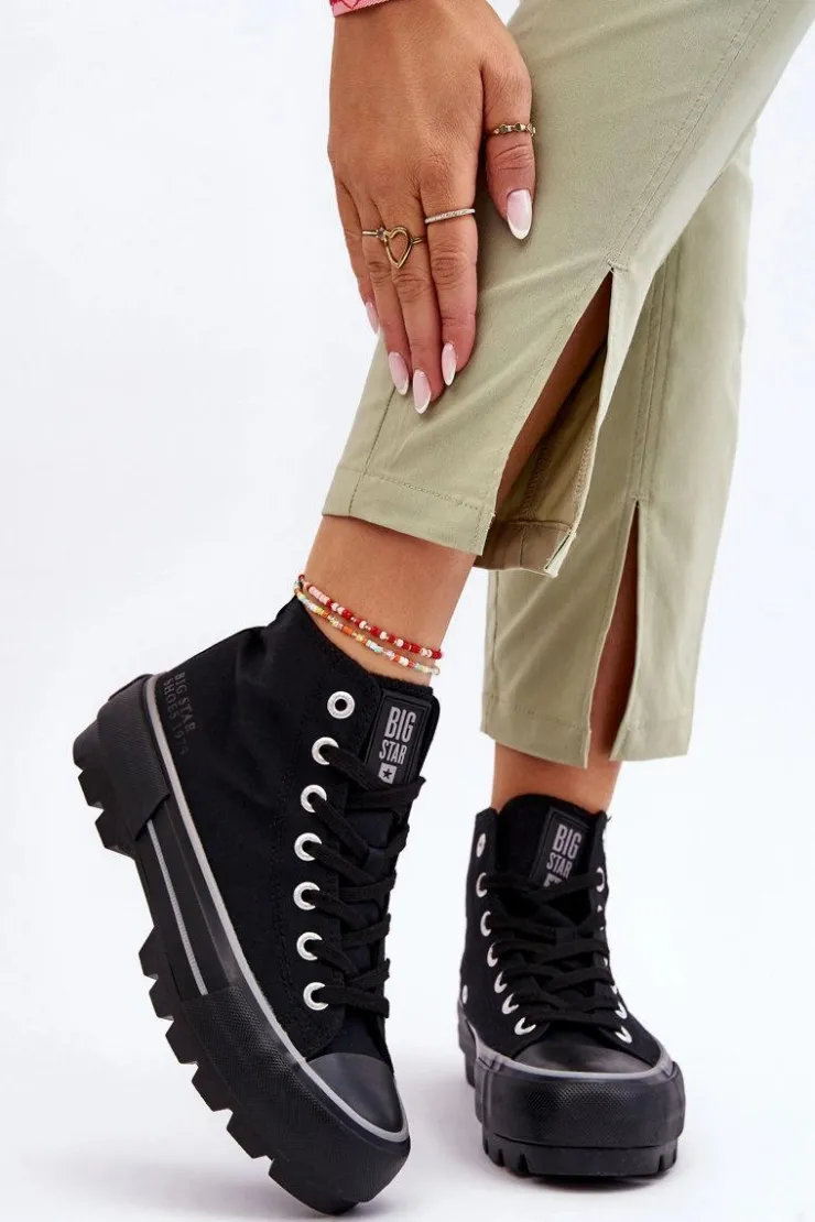 Discount Big Star Shoes Wysokie Materiałowe Trampki Na Platformie Big Star LL274155 Czarne