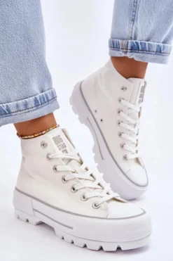 Best Big Star Shoes Wysokie Materiałowe Trampki Na Platformie Big Star LL274156 Białe Biały