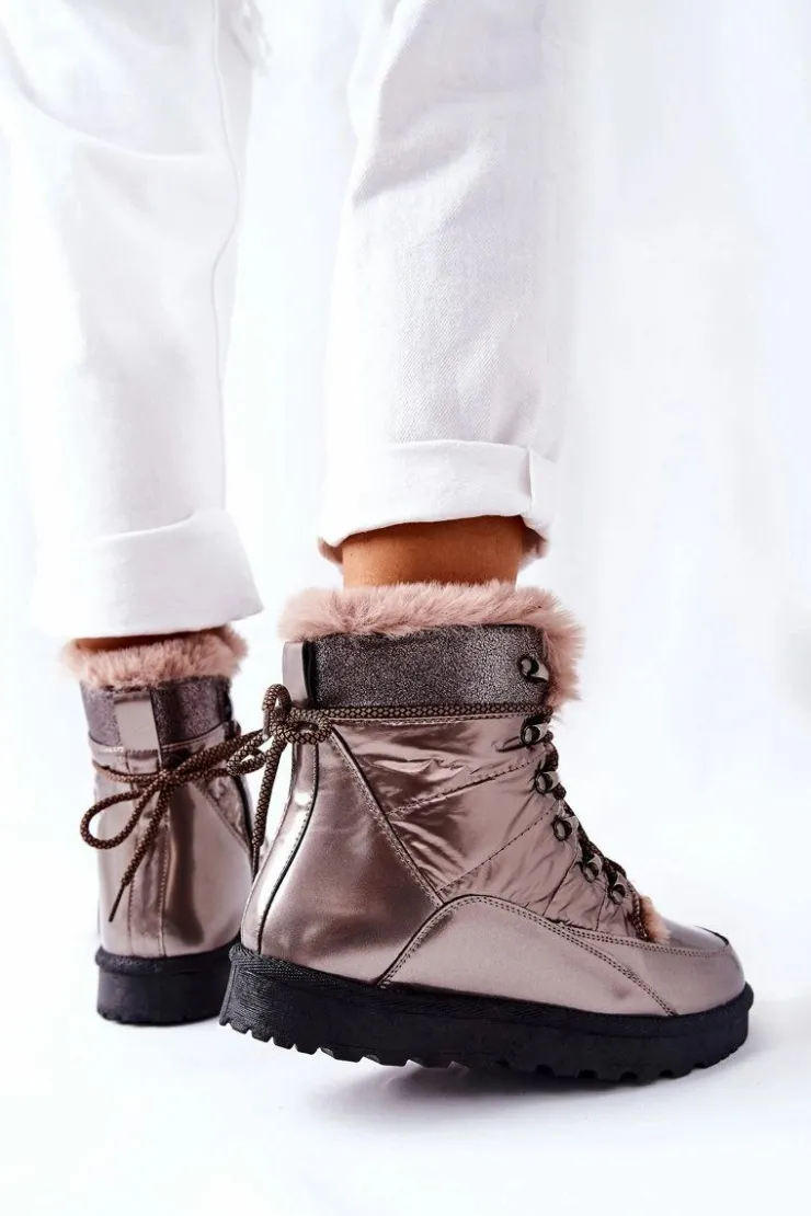 Damskie Boto Wysokie Śniegowce Ocieplane Futerkiem Złote Sneezy