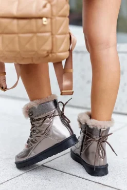 Damskie Boto Wysokie Śniegowce Ocieplane Futerkiem Złote Sneezy