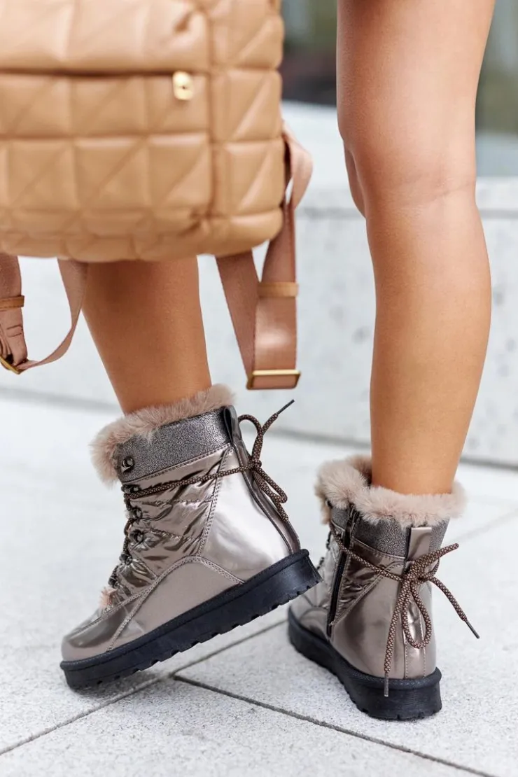 Damskie Boto Wysokie Śniegowce Ocieplane Futerkiem Złote Sneezy