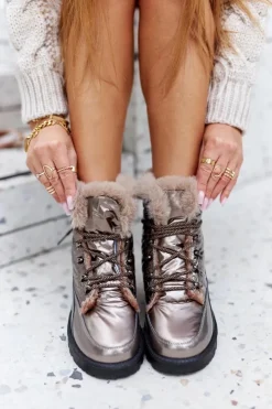 Damskie Boto Wysokie Śniegowce Ocieplane Futerkiem Złote Sneezy