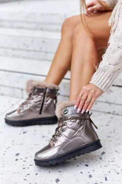 Damskie Boto Wysokie Śniegowce Ocieplane Futerkiem Złote Sneezy