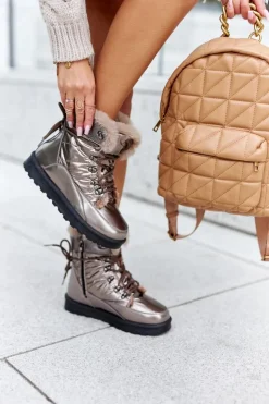 Damskie Boto Wysokie Śniegowce Ocieplane Futerkiem Złote Sneezy