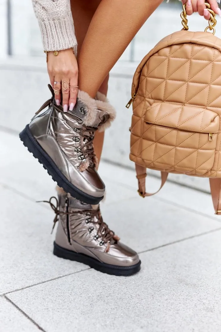 Damskie Boto Wysokie Śniegowce Ocieplane Futerkiem Złote Sneezy