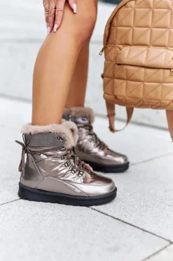 Damskie Boto Wysokie Śniegowce Ocieplane Futerkiem Złote Sneezy