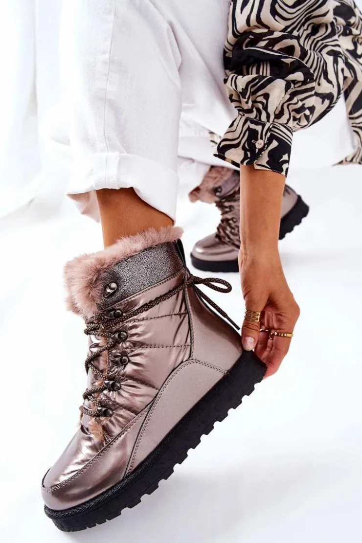 Damskie Boto Wysokie Śniegowce Ocieplane Futerkiem Złote Sneezy