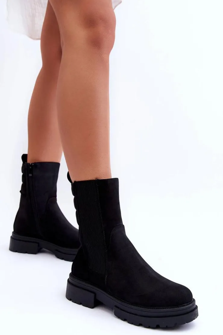 Damskie Boto Wysokie Ocieplane Botki Sztyblety Wsuwane Nubuk Czarne Milca