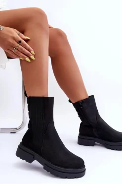Damskie Boto Wysokie Ocieplane Botki Sztyblety Wsuwane Nubuk Czarne Milca