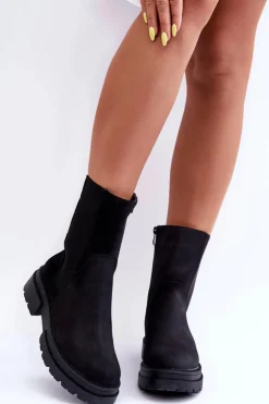 Damskie Boto Wysokie Ocieplane Botki Sztyblety Wsuwane Nubuk Czarne Milca