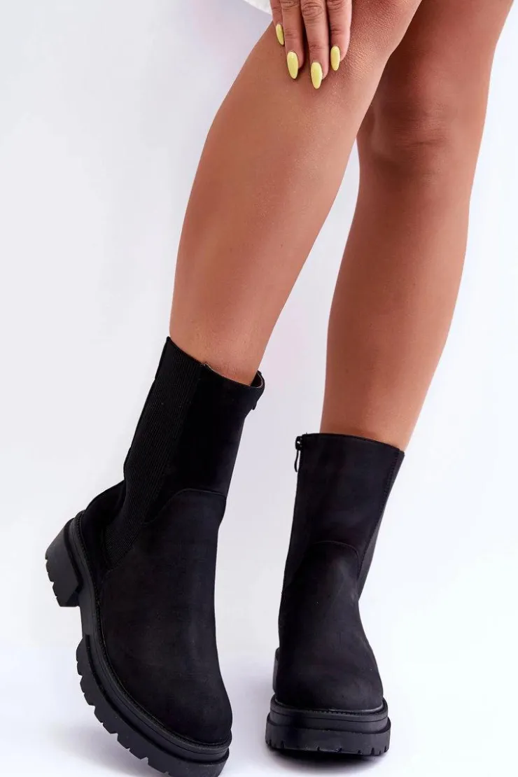 Damskie Boto Wysokie Ocieplane Botki Sztyblety Wsuwane Nubuk Czarne Milca