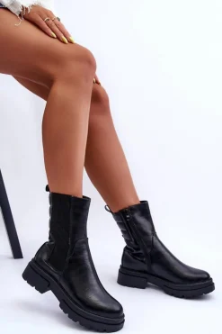 Boto Czarne Botki|Botki Zimowe Damskie*Wysokie Ocieplane Botki Sztyblety Wsuwane Czarne Milca