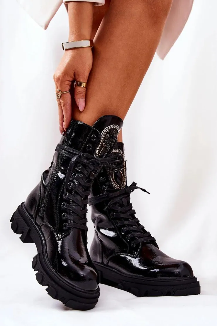 Boto Damskie Trapery|Botki Sznurowane*Wysokie Ocieplane Botki Ze Zdobieniem Czarne Ronessa