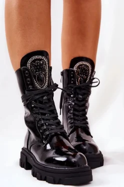 Boto Damskie Trapery|Botki Sznurowane*Wysokie Ocieplane Botki Ze Zdobieniem Czarne Ronessa