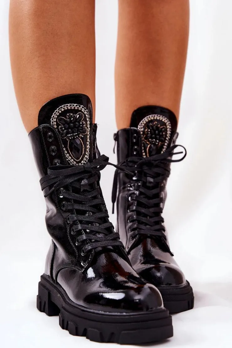 Boto Damskie Trapery|Botki Sznurowane*Wysokie Ocieplane Botki Ze Zdobieniem Czarne Ronessa