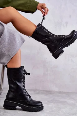 Discount Boto Wysokie Ocieplane Damskie Botki Wiązane Czarne Darla