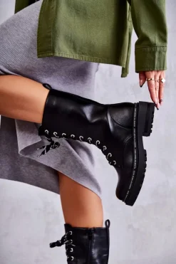 Discount Boto Wysokie Ocieplane Damskie Botki Wiązane Czarne Darla